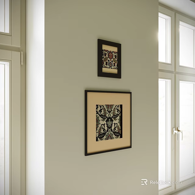 Abstract Paintings Framed On Interior Wall With Decorative Patterns And Artistic Design 3d model