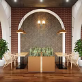 Cozy Café Interior With Arched Windows Red Brick Walls Pendant Lights And Green Plants