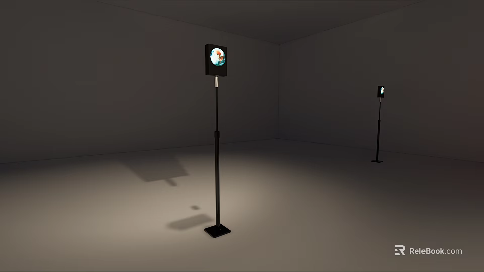 Black Floor Standing Decorative Lamps With Round Light Panels In Empty Room 3d model 