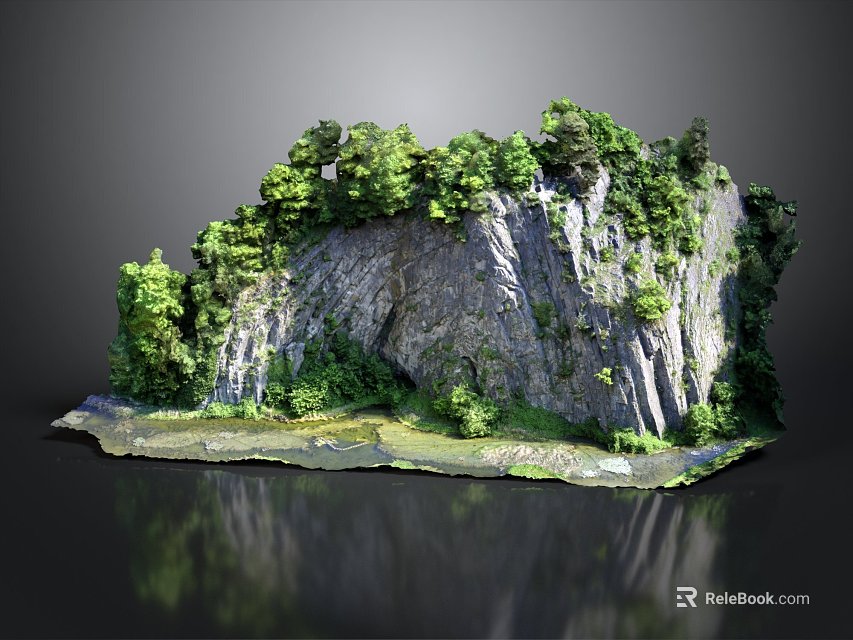 Scenic Rocky Cliff Landscape With Lush Green Trees Grass Base And Calm Reflection 3d model 