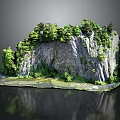 Scenic Rocky Cliff Landscape With Lush Green Trees Grass Base And Calm Reflection