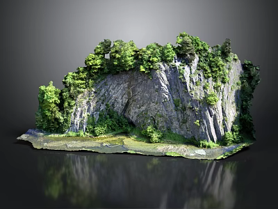 Scenic Rocky Cliff Landscape With Lush Green Trees Grass Base And Calm Reflection 3d model