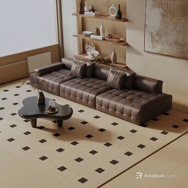 Brown Leather Three Seater Sofa In Living Room With Coffee Table And Diamond Patterned Rug 3d model 