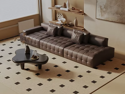 Brown Leather Three Seater Sofa In Living Room With Coffee Table And Diamond Patterned Rug 3d model