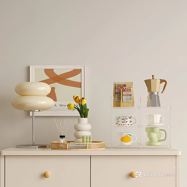 Decorative Ornament Set With Stacked Lamp Tulips Vase Coffee Pot Mugs Tray On Light Cabinet 3d model 