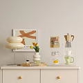Decorative Ornament Set With Stacked Lamp Tulips Vase Coffee Pot Mugs Tray On Light Cabinet
