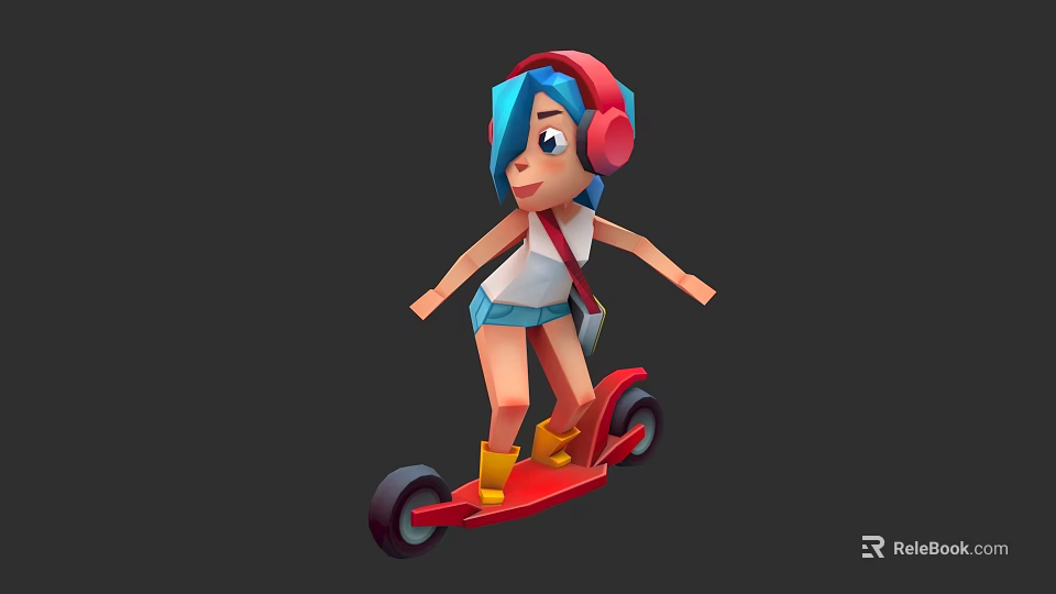 Game and Movie Character with Blue Hair Red Headphones Yellow Boots Riding Red Hoverboard 3d model 