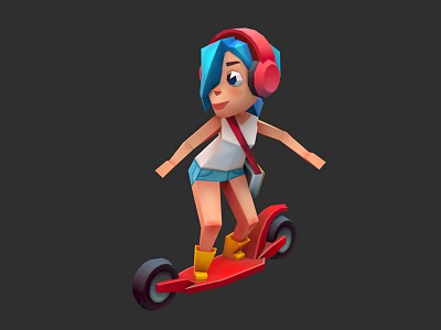 Game and Movie Character with Blue Hair Red Headphones Yellow Boots Riding Red Hoverboard 3d model