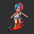 Game and Movie Character with Blue Hair Red Headphones Yellow Boots Riding Red Hoverboard