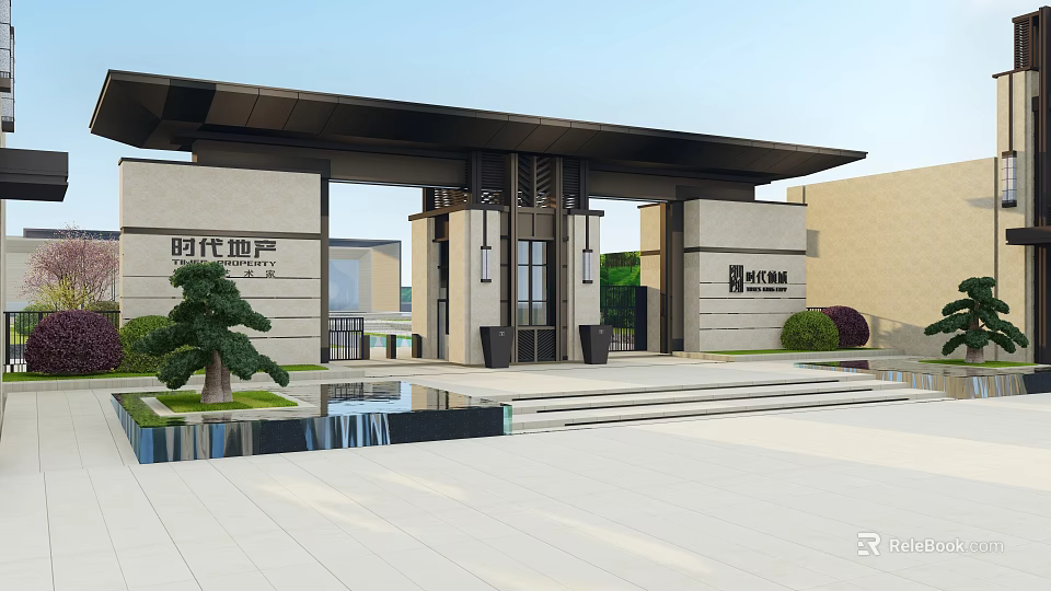 Modern Grand Entrance Gate With Stone Columns Water Pool And Green Trees 3d model 