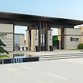 Modern Grand Entrance Gate With Stone Columns Water Pool And Green Trees