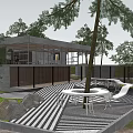 Modern Single Family House with Glass Walls Tree Surrounded Featuring Outdoor Patio and White Furniture