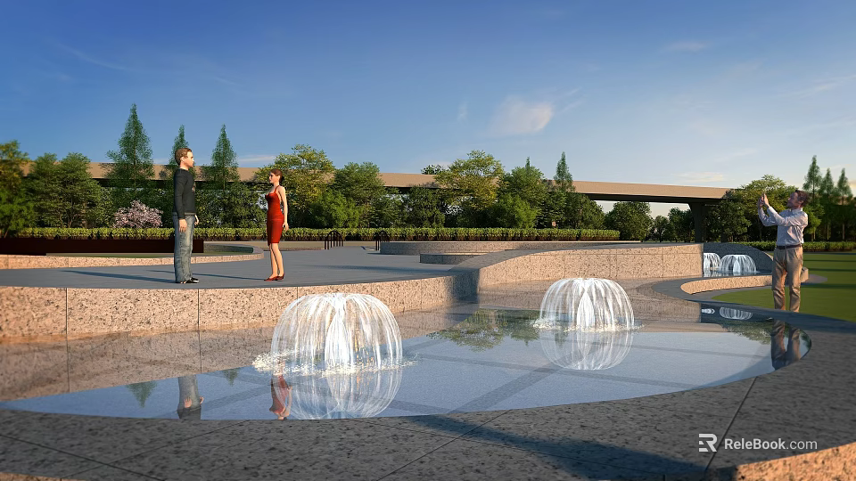 Garden Landscape Featuring Fountains People Greenery Paved Ground And Blue Sky 3d model 