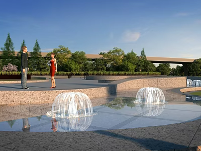 Garden Landscape Featuring Fountains People Greenery Paved Ground And Blue Sky 3d model