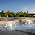 Garden Landscape Featuring Fountains People Greenery Paved Ground And Blue Sky