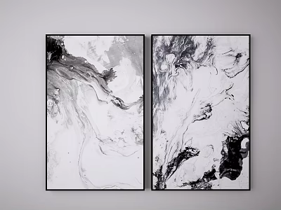 Two Panel Framed Black and White Abstract Paintings With Fluid Ink Patterns on White Wall 3d model