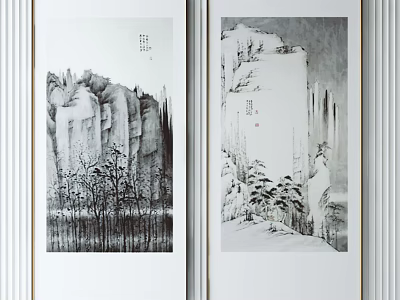 Two Chinese Ink Paintings with Mountain Rocks Trees Snowy Peaks and Calligraphy Inscriptions 3d model