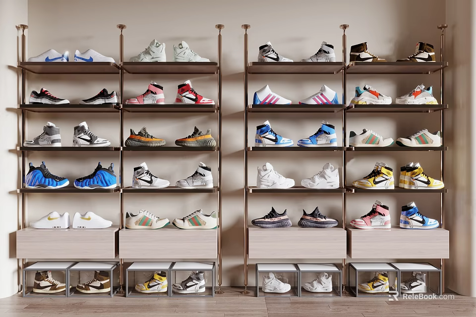 Organized Shoe Rack Display With Various Colored Sneakers And Athletic Shoes 3d model 
