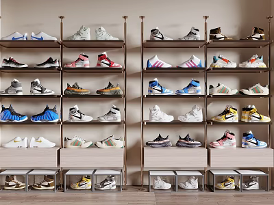 Organized Shoe Rack Display With Various Colored Sneakers And Athletic Shoes 3d model