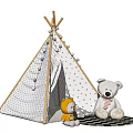 Kids Teepee Tent With Polka Dot Design Wooden Frame And Plush Toys On Soft Carpet