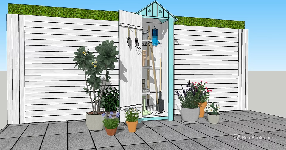 Outdoor Garden Tool Shed With Hanging Gardening Tools And Potted Plants By White Fence And Tiled Patio 3d model 