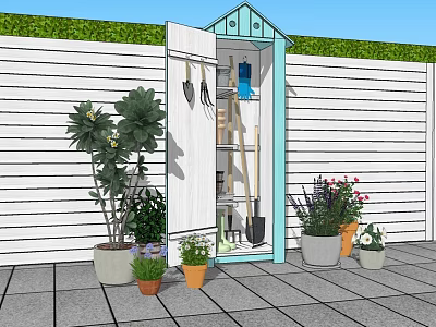 Outdoor Garden Tool Shed With Hanging Gardening Tools And Potted Plants By White Fence And Tiled Patio 3d model