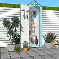 Outdoor Garden Tool Shed With Hanging Gardening Tools And Potted Plants By White Fence And Tiled Patio