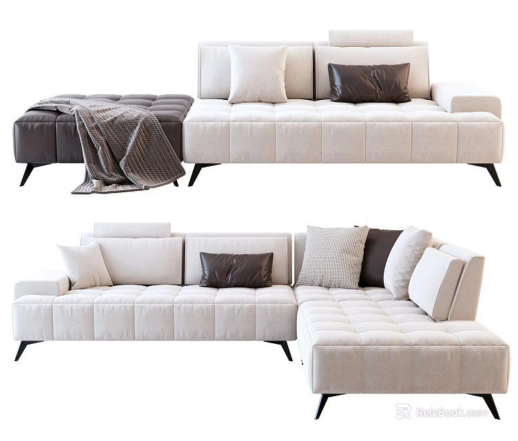 Modern Beige Fabric Sofa Set With L Shaped Design And Dark Brown Cushions Ottoman 3d model 