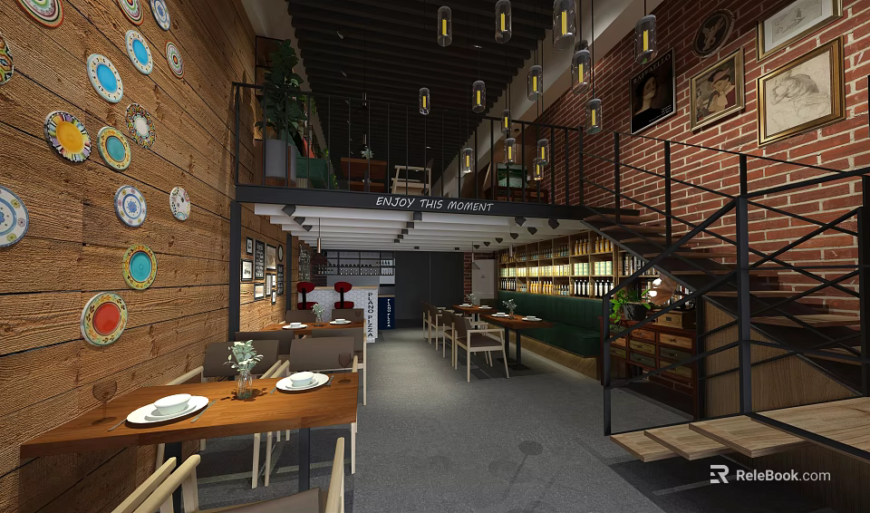 Industrial Style Restaurant Interior With Wooden Walls Brick Accents Hanging Lights And Dining Tables 3d model 