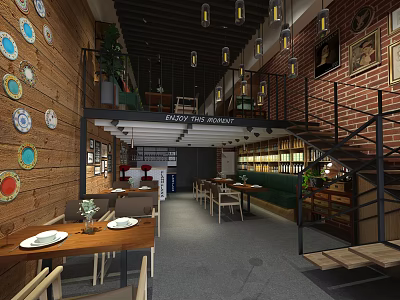 Industrial Style Restaurant Interior With Wooden Walls Brick Accents Hanging Lights And Dining Tables 3d model
