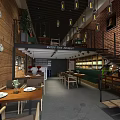 Industrial Style Restaurant Interior With Wooden Walls Brick Accents Hanging Lights And Dining Tables