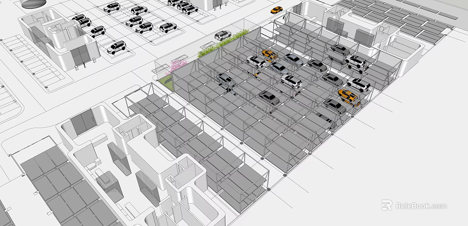 Modern Structured Parking Lot Layout With Green Strips And Vehicle Parking Spaces 3d model 