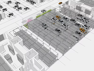 Modern Structured Parking Lot Layout With Green Strips And Vehicle Parking Spaces 3d model