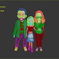 Group of Three Cartoon Characters Posing Together in Stylish Outfits With Various Clothing Colors