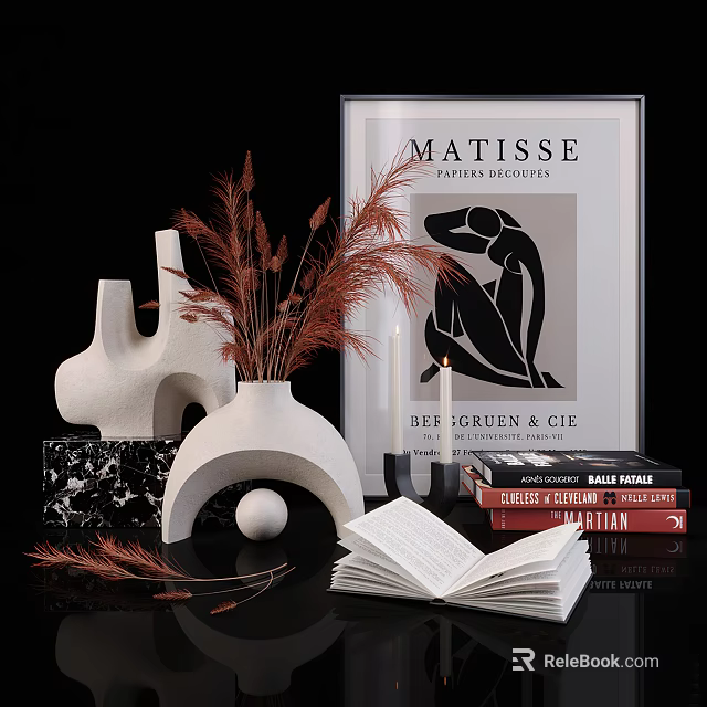 Decorative Ornament Set With Vase Dried Pampas Grass Sculpture Books Candle And Matisse Print 3d model 