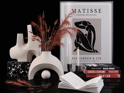 Decorative Ornament Set With Vase Dried Pampas Grass Sculpture Books Candle And Matisse Print 3d model