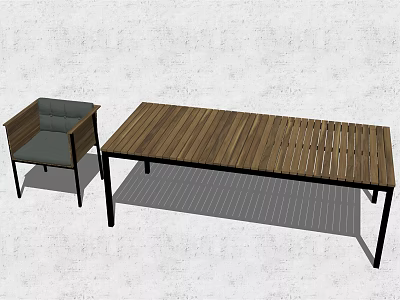 Modern Wooden Table And Chair Set With Striped Top And Gray Cushion 3d model