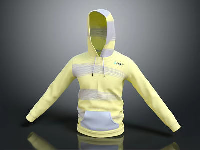 Yellow Hooded Sweatshirt with Gray Stripes Front Pocket and Drawstring Casual Fashion Apparel 3d model