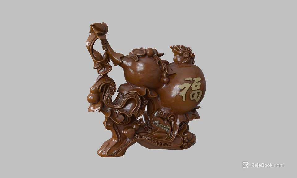 Traditional Chinese Carved Gourd Sculpture With Fu Character And Floral Bronze Craft 3d model 