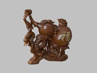 Traditional Chinese Carved Gourd Sculpture With Fu Character And Floral Bronze Craft 3d model