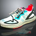 White Blue Black Red Sneakers With Geometric Patterns Textured Sole And Red Lining