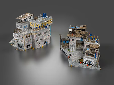 Dilapidated Multi Story Building Models With Worn Out Walls Broken Roofs And Pipes 3d model