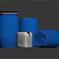 Hardware Storage Tools Blue Barrels Jugs in Various Sizes and White Small Container 3d model
