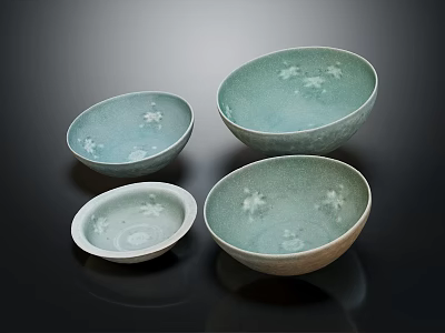 Elegant Celadon Glazed Tableware Set Featuring Four Bowls With Floral Patterns And Various Sizes 3d model