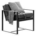 Modern Light Gray Armchair With Metal Frame Knitted Cushion And Tassel Blanket