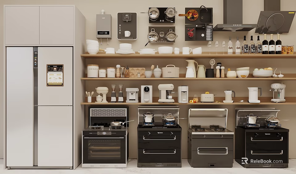 Modern Kitchen With White Refrigerator Various Ovens Microwave Coffee Maker And Small Appliances On Shelves 3d model 