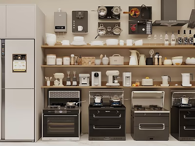 Modern Kitchen With White Refrigerator Various Ovens Microwave Coffee Maker And Small Appliances On Shelves 3d model