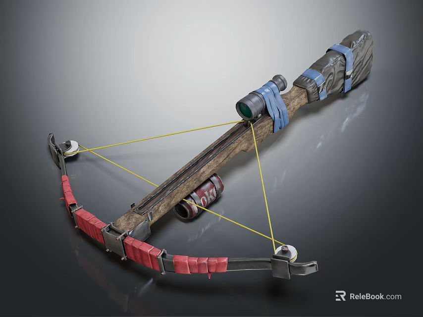 Wooden Crossbow With Blue Straps Red Padding Scope And Yellow String 3d model 