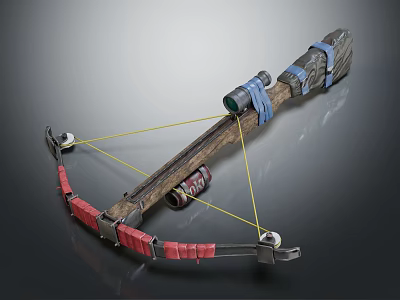 Wooden Crossbow With Blue Straps Red Padding Scope And Yellow String 3d model