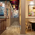 Japanese Restaurant Interior With Cherry Blossom Decor Lanterns Wave Murals And Wooden Tables Chairs
